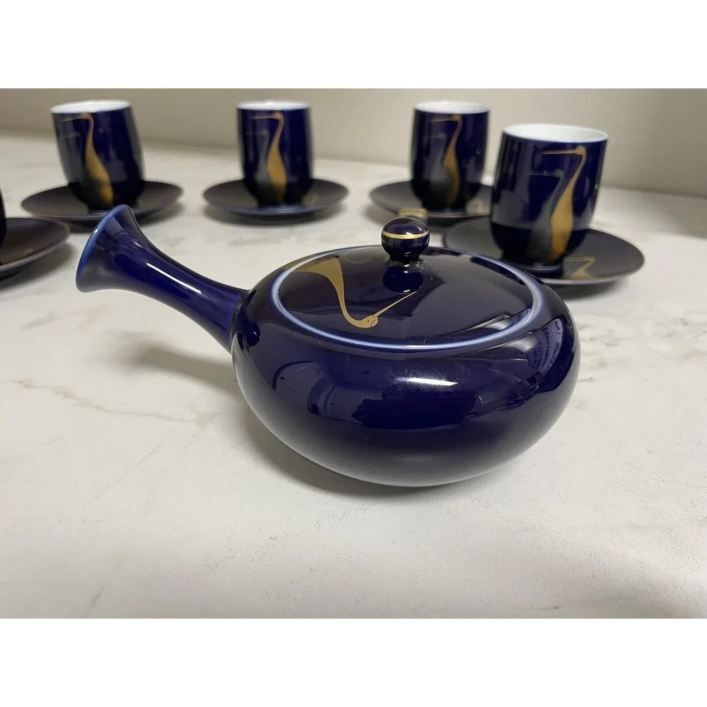 Vintage  Fukagawa Arita Cobalt Blue Gold Cranes Teapot‎ 5 Cups/5 Sm Plates